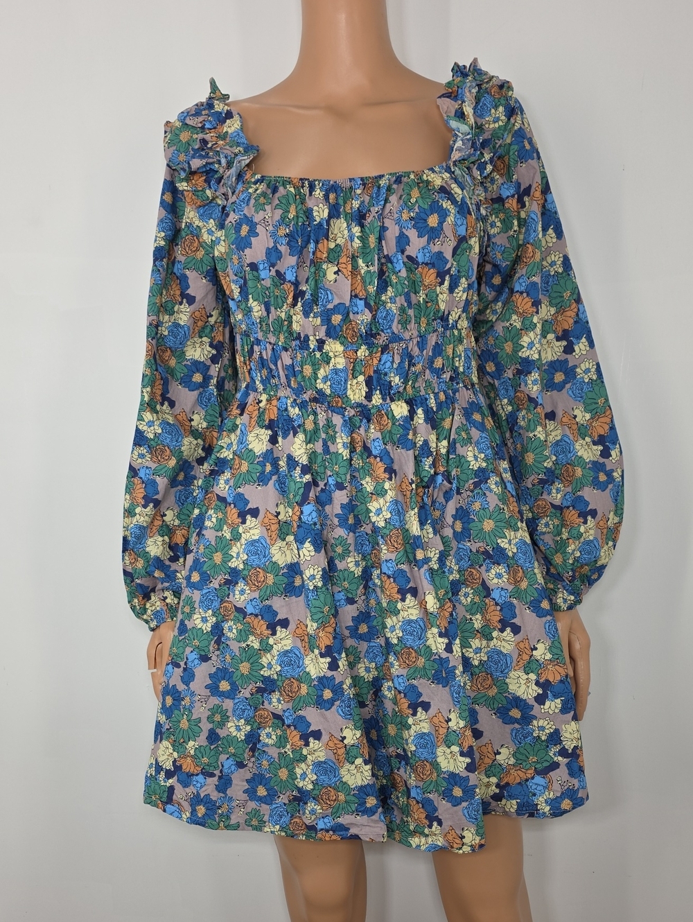 Entro Blue Floral Smocked Long-Sleeve Casual Dress Size L Large
